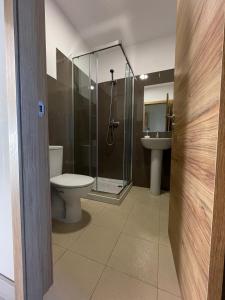y baño con ducha, aseo y lavamanos. en Casa Diocesana VIA LUCIS, en Santiago de Compostela