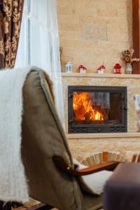 a person sitting in a chair in front of a fireplace at Pensiunea Ioana in Poeni