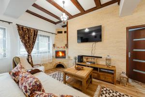 a living room with a couch and a fireplace at Pensiunea Ioana in Poeni