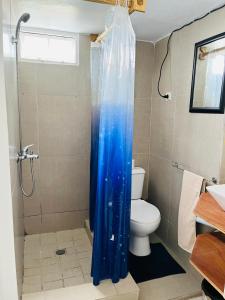 La salle de bains est pourvue de toilettes et d'une douche avec un rideau de douche bleu. dans l'établissement Casa Cinza, à Ponta do Ouro