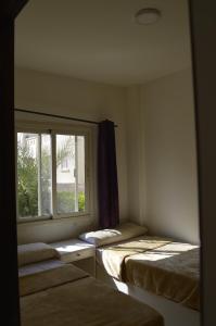 a room with three beds and a window at f- ground floor with garden in Hurghada