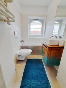a bathroom with a toilet and a sink and a blue rug at Dream Loft Motlava River in Gdańsk