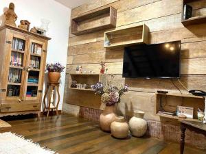 ein Wohnzimmer mit einer Holzwand und einem Flachbild-TV in der Unterkunft Cantinho Almeida in Tiradentes