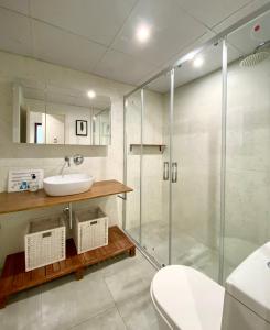 a bathroom with a sink and a shower at AZ El Balcón de Rey Alfonso I in Zaragoza