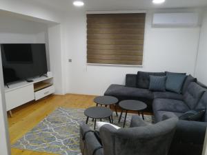 a living room with a couch and a tv at VILLA ORYX free double garage parking in Sarajevo