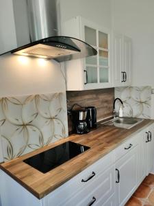 a kitchen with white cabinets and a sink at Apartament w Złotym Stoku Przystanek Las in Złoty Stok