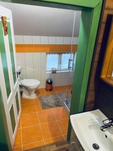 La petite salle de bains est pourvue de toilettes et d'un lavabo. dans l'établissement Pension Jaruska, à Špindlerův Mlýn