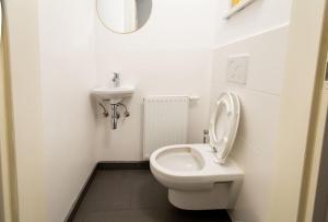 La salle de bains blanche est pourvue de toilettes et d'un lavabo. dans l'établissement OrestaLiving- 3BR On the Daube Canal/Friedensbrücke, à Vienne