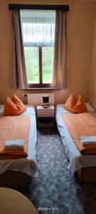 een slaapkamer met 2 bedden en een raam bij motorest U KONĚ in Stein Schönau