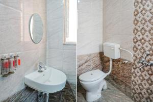 two pictures of a bathroom with a toilet and a sink at FabHotel Lake View in Pune