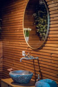 uma casa de banho com um lavatório e um espelho. em Wellness summa pace AERE em Berlare