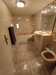 La salle de bains est pourvue d'un lavabo, de toilettes et d'une baignoire. dans l'établissement Casa al lado del río Santa cilia de jaca, à Santa Cilia