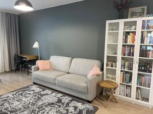 a living room with a couch and book shelves with books at Light modern Pallo apartment by the lake Saimaa in Lappeenranta