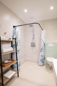 a bathroom with a shower and a toilet at LOGIS LES CEPAGES / RESTAURANT LE RAISIN in Pont-de-Vaux
