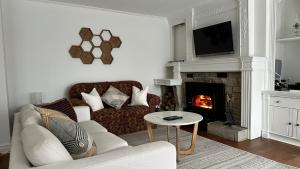 a living room with a couch and a fireplace at Chalet KLS Lac D'Argent in Eastman