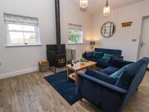 a living room with a blue couch and a fireplace at Robins Nest in York