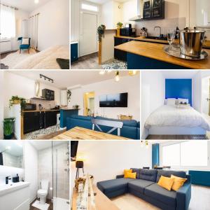 a collage of photos of a living room and a bedroom at La Déferlante - hyper centre - parking privé - 300 m plage in Saint-Nazaire