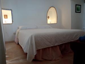 a bedroom with a bed with a white bedspread at Trulli di Ivana in Ostuni