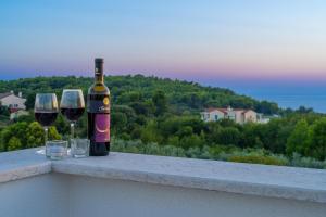 a bottle of wine and two glasses on a ledge at Villa Gardenia in Premantura