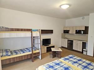 a room with two bunk beds and a kitchen at Apartmány Řezáč in Rokytnice nad Jizerou