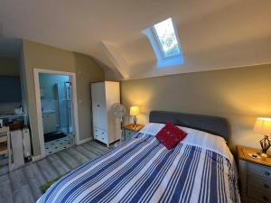 Un dormitorio con una cama con una almohada roja. en Pentre Cerrig Country House en Llanferres