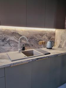 a kitchen counter with a sink and a tea kettle at Apartament Jacuzzi in Kraków