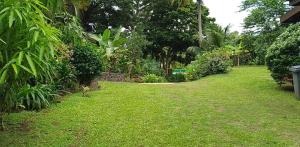 a yard with green grass and trees and bushes at Fare Mihimana in Vaïare