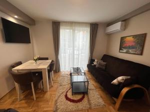 sala de estar con sofá negro y mesa en Vila Simfonija en Vrnjačka Banja