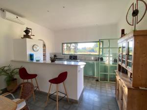 een keuken met twee rode krukken en een aanrecht bij villa marrakech avec piscine in Tameslouht