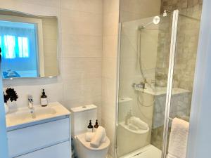 een badkamer met een douche, een toilet en een wastafel bij Apto HUCA. Parking/WIFI incluido in Oviedo