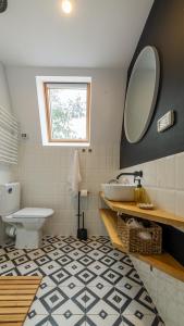 a bathroom with a sink and a toilet and a mirror at Relax Cabins in Cristian