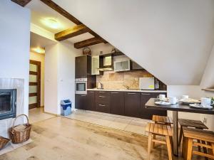ザコパネにあるVisitZakopane - Malta Apartmentのキッチン(木製キャビネット、暖炉付)
