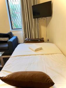 1 dormitorio con 1 cama y TV en la pared en Cosy 2 bedroom Detached House in Central London en Londres