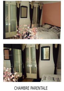 two pictures of a bedroom with a chandan parerateerate at Villa de 4 chambres avec piscine privee et wifi a Maule in Maule