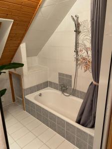 a bathroom with a bath tub in a room at Große Wohnung mit Altstadtnähe 