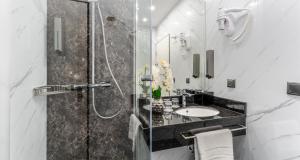 een badkamer met een douche en een wastafel bij PLAZA INN Mühldorf in Mühldorf