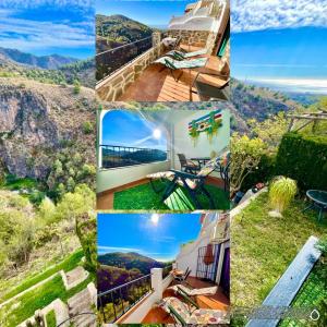 eine Collage mit Fotos mit Bergblick in der Unterkunft Apartamentos Axarquia , Frigiliana, terraza privada con vistas a la montaña rio y al mar in Frigiliana