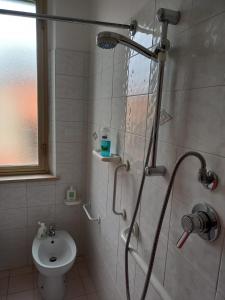 La salle de bains est pourvue d'une douche, de toilettes et d'un lavabo. dans l'établissement Casa di Adele con giardino privato a 150 mt dal mare, à Senigallia