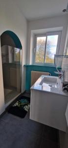 een badkamer met een wastafel en een spiegel bij Gîte du Rocher des Commères in Sirod