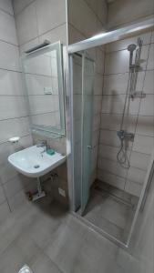 een badkamer met een douche, een wastafel en een spiegel bij Akvarel apartman in Jagodina