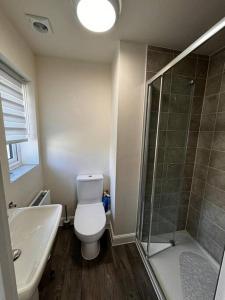 a bathroom with a toilet and a shower and a sink at Peak View - Modern Cottage in Buxton
