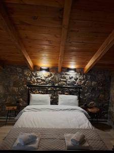 a bedroom with a bed in a stone wall at Villas Kertezi in Kalavrita