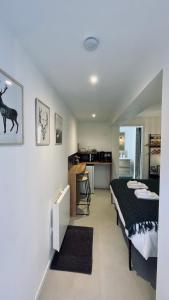 a small room with a bed and a kitchen at Le Chalet de la Plage in Sévrier