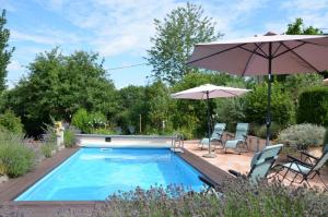 uma piscina com guarda-sol e cadeiras em Entre ciel & Loire em Saint-Agnan-sur-Loire