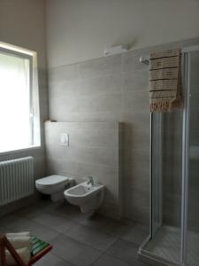 een badkamer met een toilet, een wastafel en een douche bij Terra e Radici_ Betula 
