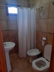 ein Bad mit einem WC und einem weißen Duschvorhang in der Unterkunft cabañas oliv- san rafael-mendoza in San Rafael