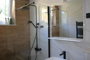 a bathroom with a shower with a glass door at Apartment Terezija in Dubrovnik
