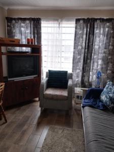 Sunridge ParkにあるSan-Lou Airbnbのリビングルーム(ソファ、椅子、テレビ付)