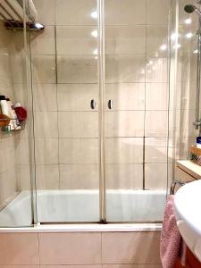 y baño con ducha y puerta de cristal. en Suite del Manzanares en Madrid, en Madrid