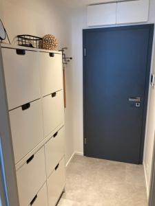 a closet with a blue door and a dresser at Apartmán U Jelena in Jablonec nad Nisou
